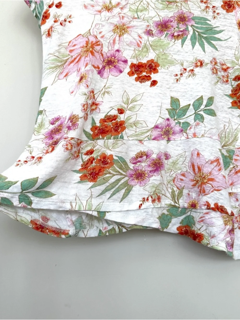 J. Jill Floral Short Sleeve Tee - White, Pink, Green, Relaxed Fit, Linen Knit - Picture 4 of 8